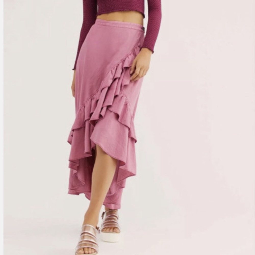 Free People‎ Celine’s Wrap Ruffle linen Blend in Daphne Pink Midi Skirt Size S